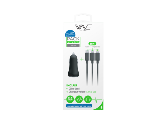 Pack énergie voiture – câble 3-en-1 + chargeur double USB